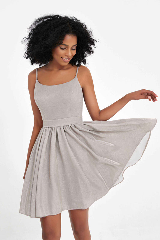 Vestido corto de fiesta de graduación con tirantes finos y purpurina plateada para cóctel