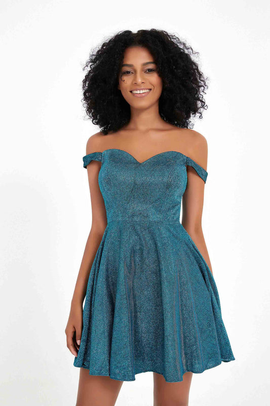 Vestido corto sin mangas con hombros descubiertos, escote en forma de corazón y purpurina para fiesta de bienvenida y cóctel