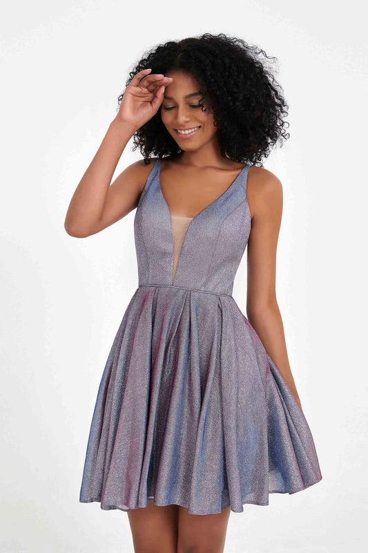 Tiefer V-Ausschnitt Glitzer Schillerndes kurzes Ballkleid Ärmelloses Homecoming Partykleider Cocktailkleider