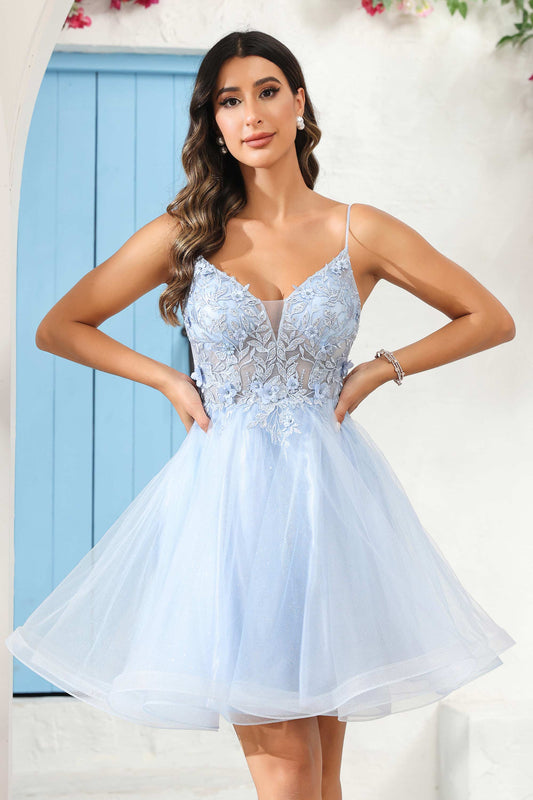 A Line Spaghetti Straps V Neck Applique See-through Mini Homecoming Prom Dress Party Cocktail gown