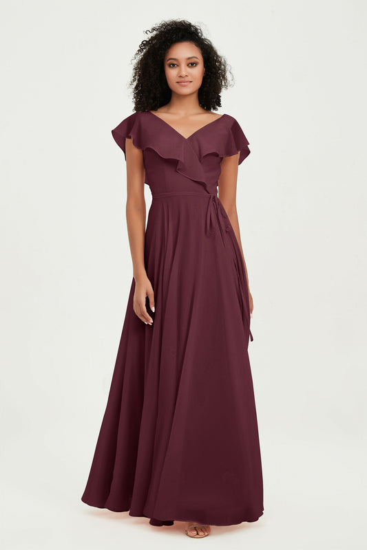 Vestido de dama de honor largo de gasa con escote en V y mangas onduladas, vestido formal de noche