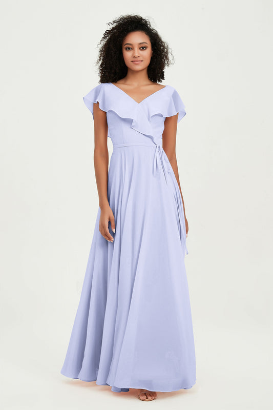Vestido de dama de honor largo de gasa con escote en V y mangas onduladas, vestido formal de noche