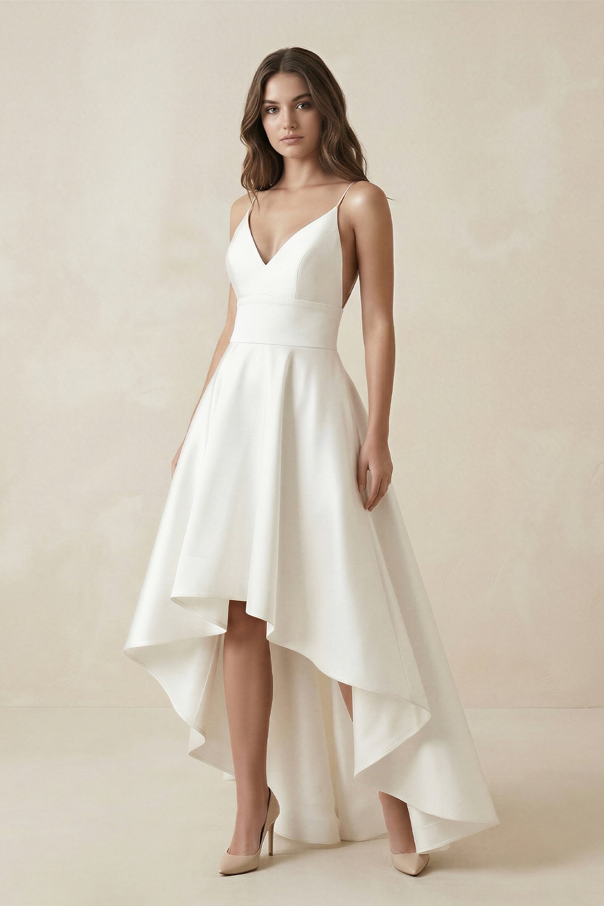 Simple High-low Spaghetti Straps Beach Wedding Dress With Ruching