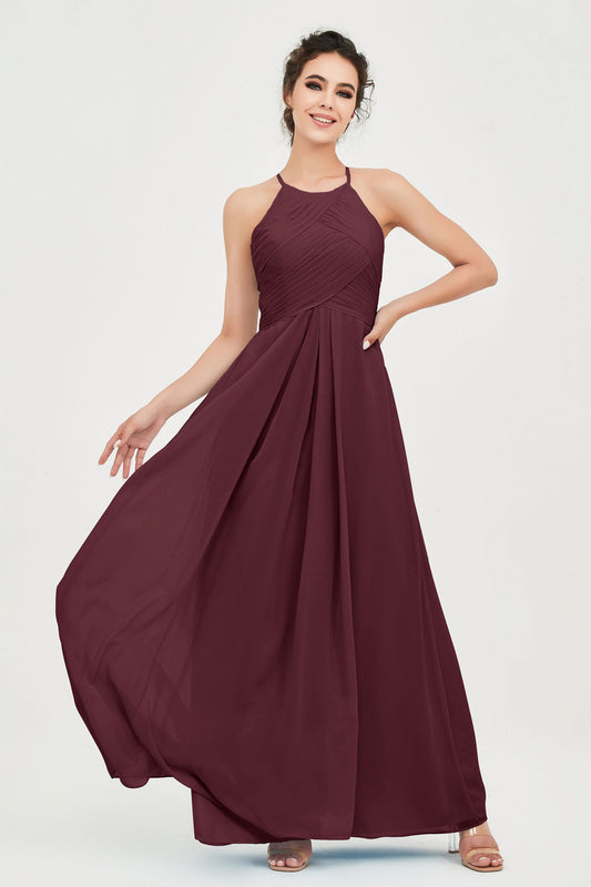 Neckholder Plissee Chiffon Brautjungfernkleid Ärmellos Geraffte Formelle Abendkleider Ballkleider