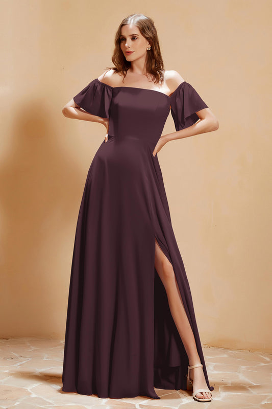 Vestido de dama de honor de gasa con escote cuadrado y mangas onduladas, largo y formal de noche.