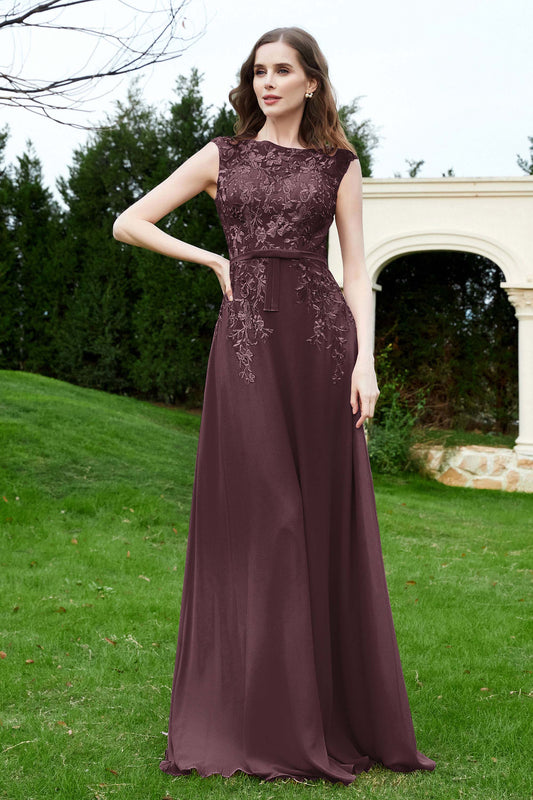 Elegante vestido de dama de honor de gasa con escote redondo y encaje, vestido formal de noche para fiesta de graduación