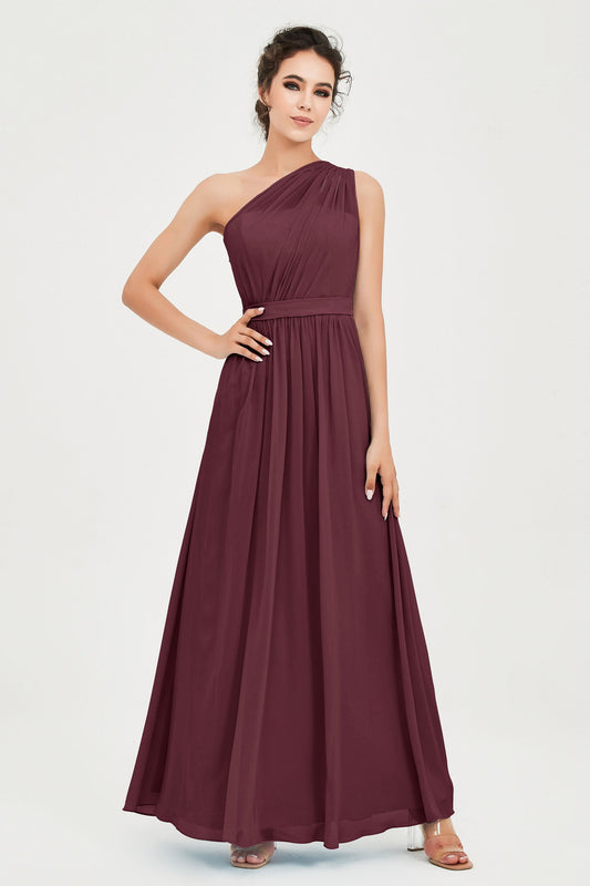 Vestido de dama de honor de gasa con un solo hombro, largo hasta el suelo, fruncido, corte en A, formal, para noche y graduación