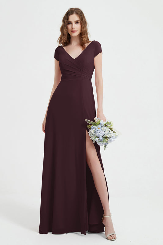 Vestido de dama de honor largo de gasa con mangas cortas y espalda descubierta, vestido de noche formal con abertura