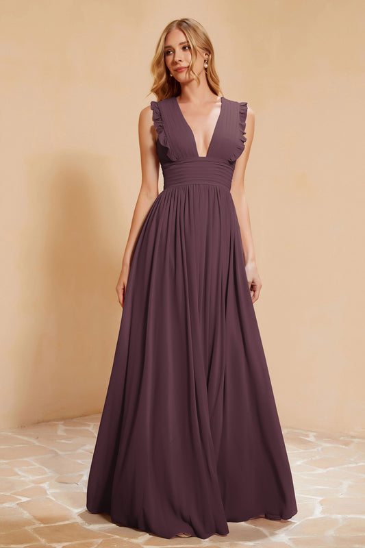 Vestido de dama de honor de gasa con escote en V pronunciado y fruncido, vestido de noche formal con abertura