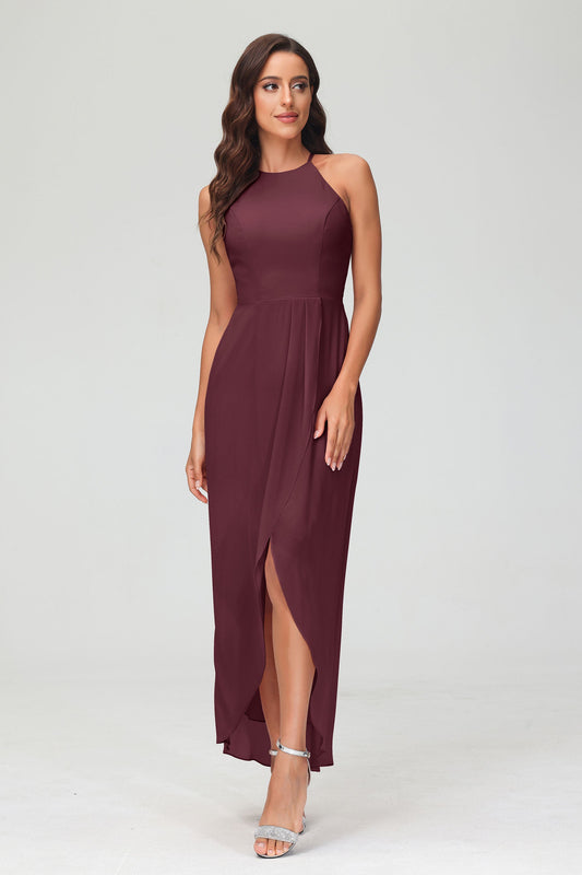 Vestido de fiesta de boda con cuello halter asimétrico de gasa simple, vestidos de noche formales