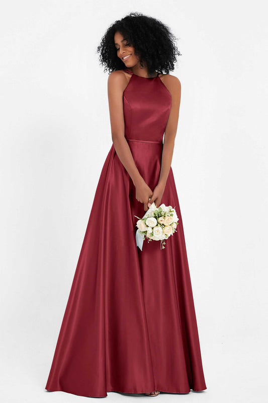 Vestido de dama de honor sencillo de satén con cuello halter, sin mangas, fruncido, formal, de noche