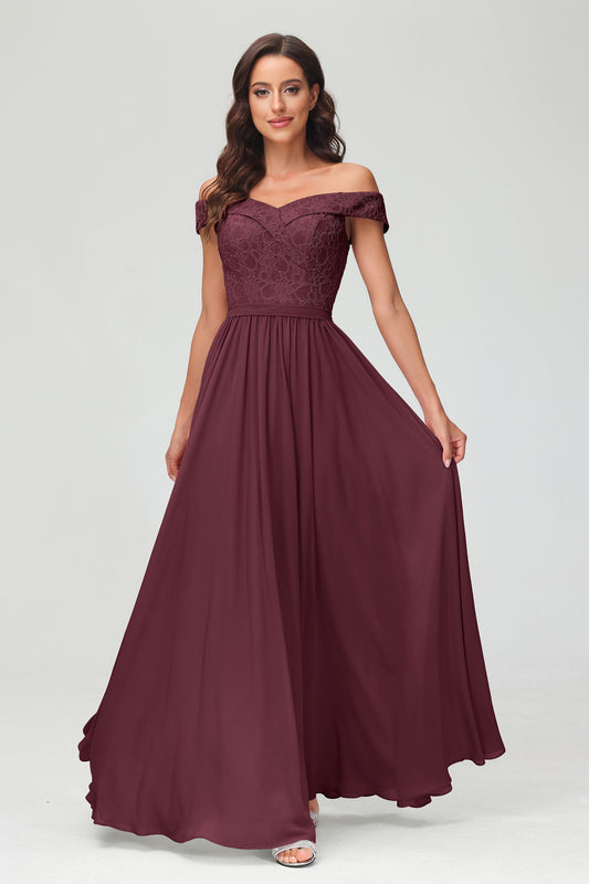 Vestidos de noche formales de gasa con falda holgada y hombros descubiertos para dama de honor