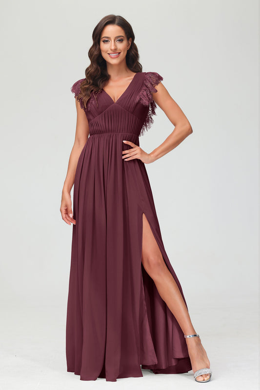 Vestido de noche formal de gasa con mangas cortas y largo hasta el suelo, plisado, para dama de honor