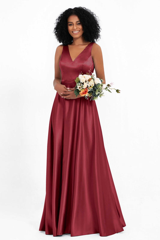 A Line Satin V Neckline Bridesmaid Dress Ruched Formal Evening Prom Dresses Gowns