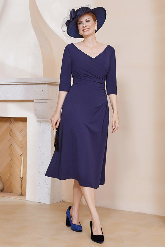 Wunderschönes Stretch-Crêpe-Kleid mit 3/4-Ärmeln für die Brautmutter, knielang, für Hochzeitsgäste, Partykleider