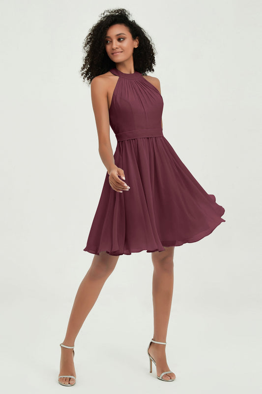 Vestido de dama de honor junior de gasa con cuello halter, corte A, hasta la rodilla, para invitadas a la fiesta de bodas