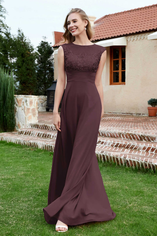 Vestido de dama de honor de gasa con encaje y cuello ilusión, plisado, corte en A, vestidos de noche formales con botones