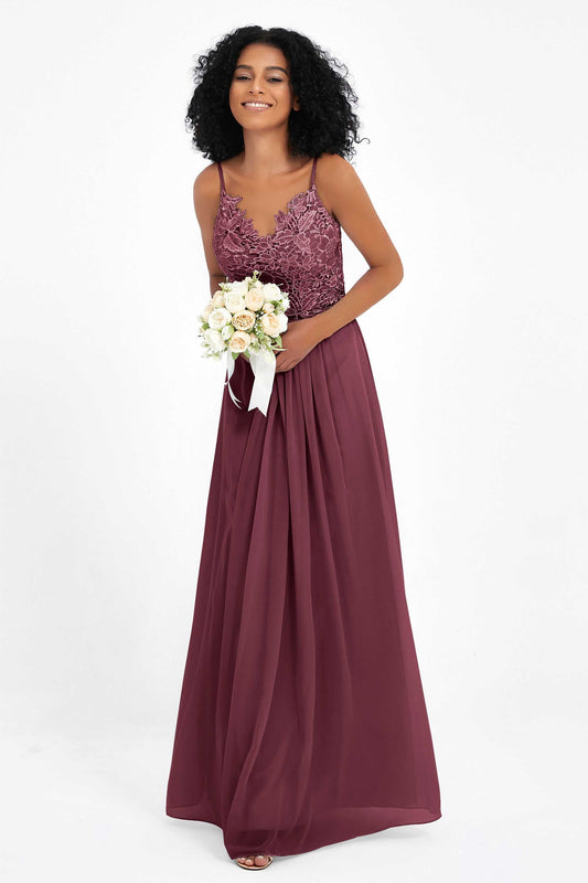 Vestido de dama de honor de gasa con tirantes finos y encaje fruncido, largo y formal, para noche