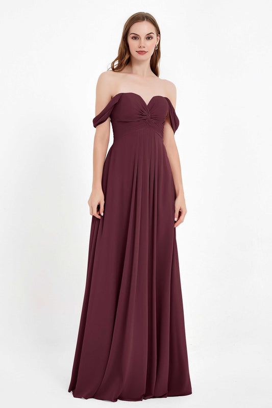 Vestido de dama de honor estilo imperio de gasa con hombros descubiertos, plisado y fruncido, largo y formal para noche