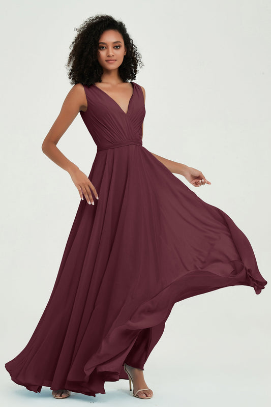 Vestido de dama de honor de gasa con escote en V y corte A con cinturón, vestidos formales de noche, vestidos de fiesta de graduación