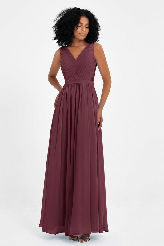 A Line Chiffon Bridesmaid Dress With Lace Ruched Sleeveless Formal Evening Prom Dresses