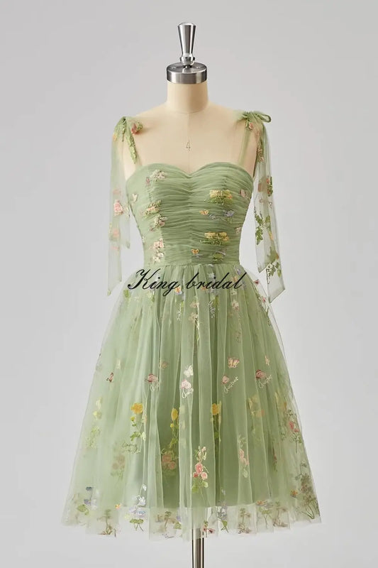 Vestidos cortos de tul con bordado de flores para adolescentes, minivestidos de tirantes finos para fiesta de graduación, vestido de cóctel formal