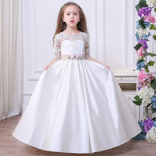 White Satin Appliques With Bow Jewels Belt Half Sleeve For Wedding Birthday Party First Communion Gowns Flower Girl Dresses