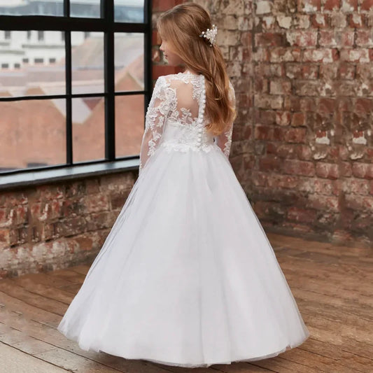 Vestidos de primera comunión para banquetes de cumpleaños, vestidos de niña de las flores, tul blanco, encaje, apliques florales, manga larga para boda