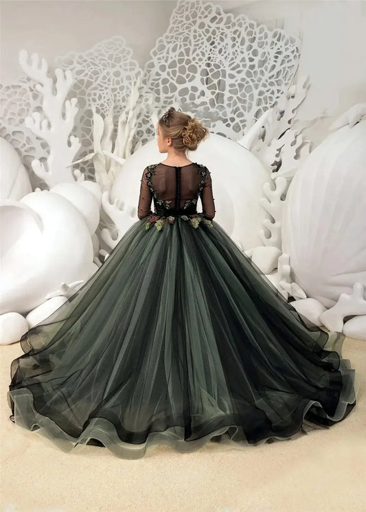 Vestido de fiesta para niña pequeña para sesión de fotos, vestidos de primera comunión, vestidos de princesa para niña de las flores para boda, apliques de encaje hasta el suelo