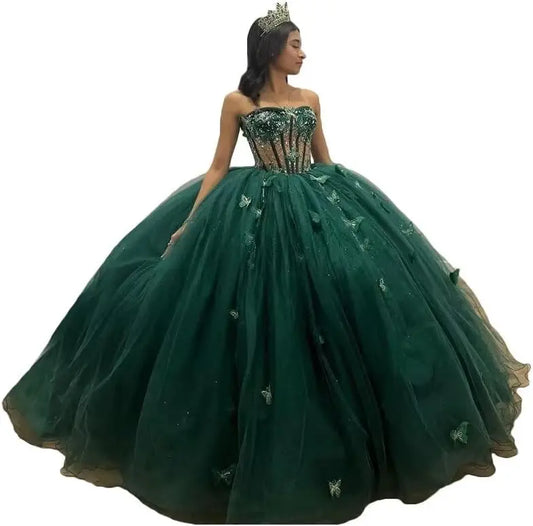 Vestido de quinceañera con mariposa 3D y lazo en la cola, tirantes finos, para 15 y 16 años, brillante