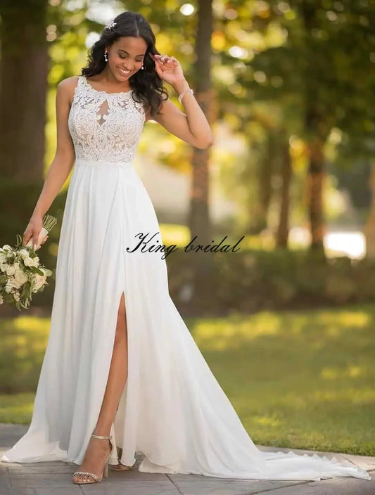 Custom Made Elegant Chiffon Lace Applique Beach Wedding Dresses for Bride 2026 A-line Slit Long Boho Bridal Gown Dress for Women