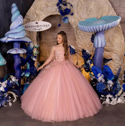 Vestido de niña de las flores de tul con encaje rosa, vestido de primera comunión, vestido de dama de honor junior, vestidos de princesa para niñas para fiesta y boda