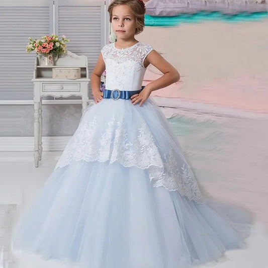 Vestido elegante y esponjoso de princesa para niña de las flores, para boda, sin mangas, con lazo, para primera comunión, fiesta de cumpleaños, desfile.