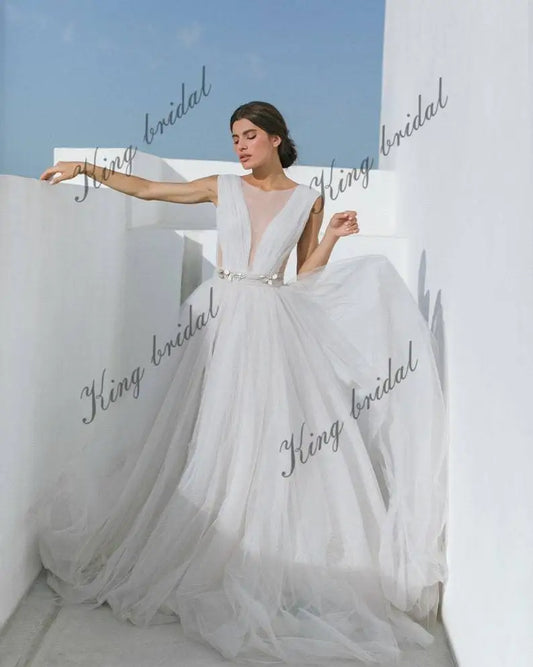 V-neck Full wedding skirt Long tulle wedding skirt white simple bridal dress bridal Gowns bridal dresses for women 2025 bride