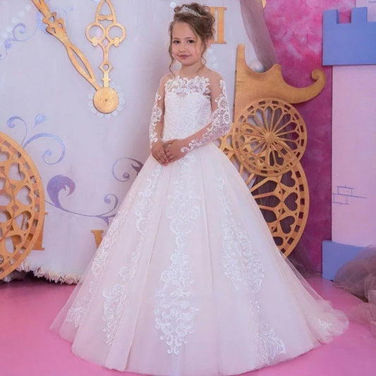 Vestidos de tul blanco con estampado floral y lazo, de manga larga, para bodas, cumpleaños, primera comunión y niñas de las flores.