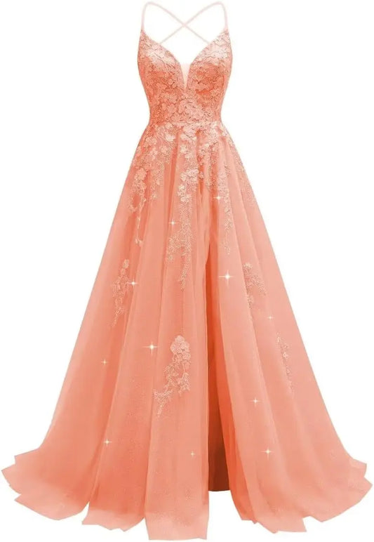 Vestido de fiesta largo con apliques de encaje de tul para mujer, vestido de noche sin espalda con corsé y tirantes finos