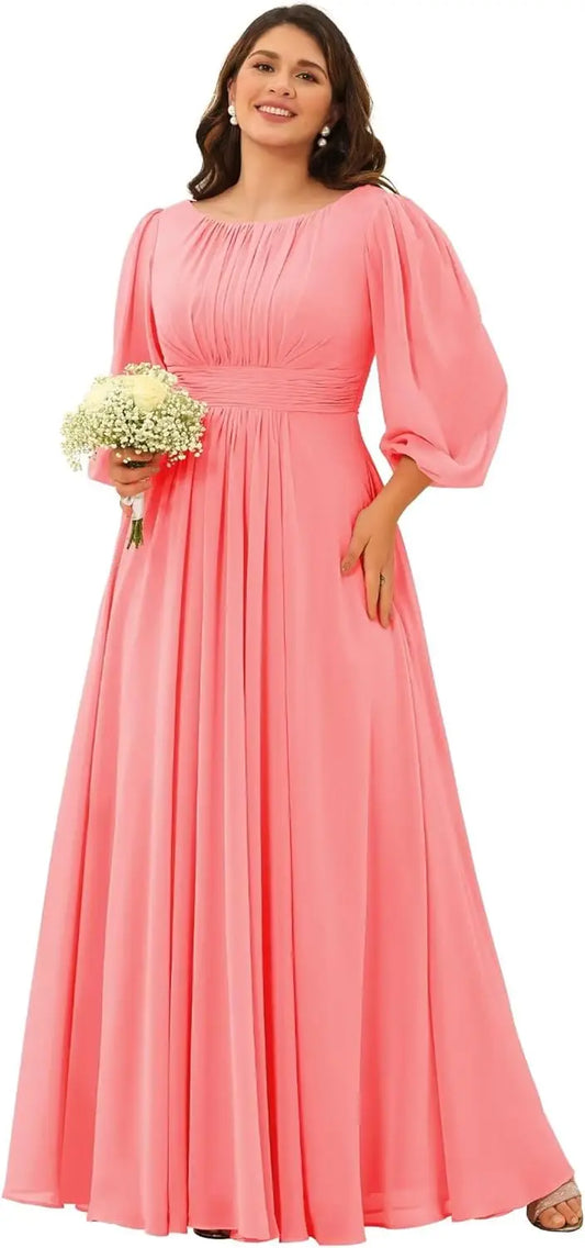 Chiffon-Brautjungfernkleider mit langen Ärmeln, U-Ausschnitt, plissiert, A-Linie, lange Abendkleider für Frauen in Übergröße, Hochzeitsgastkleid
