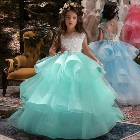 Vestidos de tul rosa con apliques blancos escalonados y sin mangas para bodas, fiestas de cumpleaños, primera comunión y niñas de las flores.