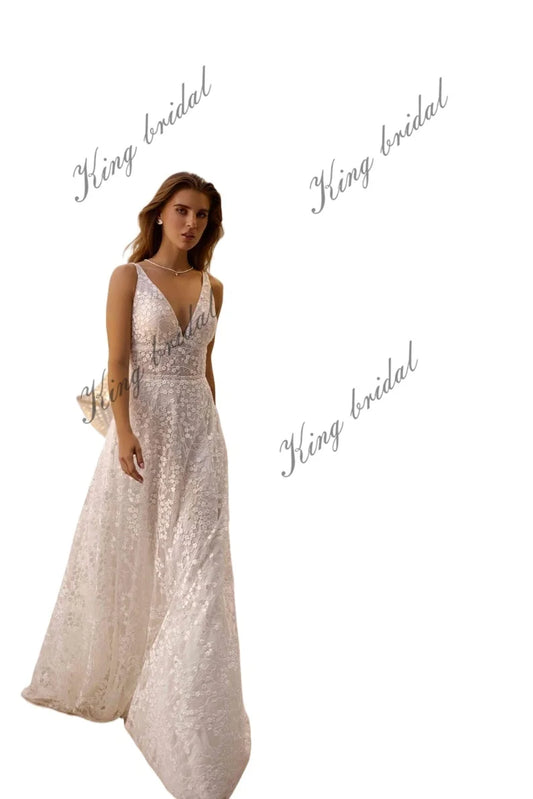 Floral Lace Open Back A-Line Wedding Dress | Custom Bridal Gown bridal Gowns  simple white  wedding dress