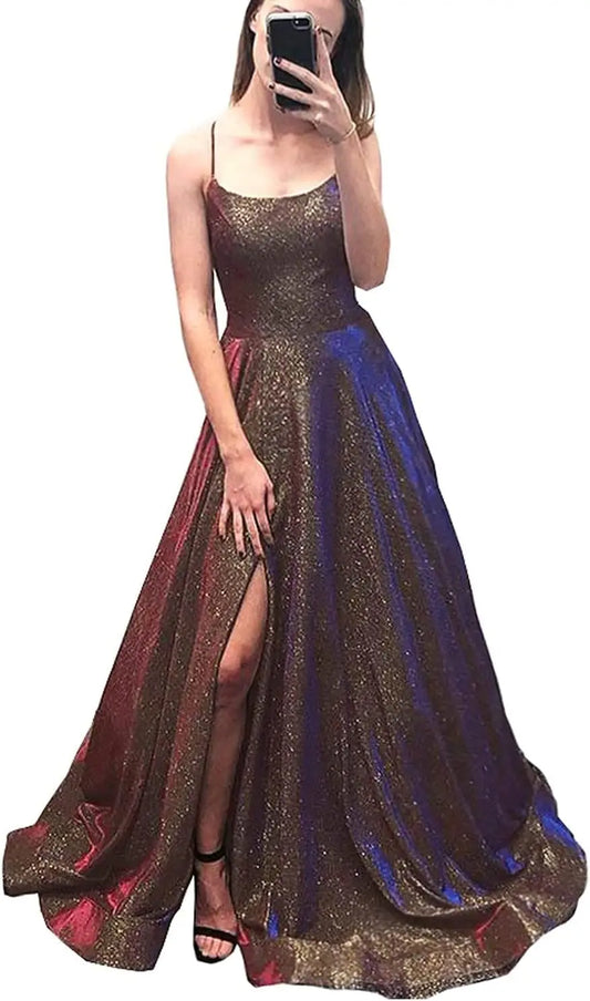 Vestidos de fiesta con purpurina para mujer, 2025, con tirantes finos abiertos, largos, formales, para noche, boda, fiesta, baile, con bolsillos