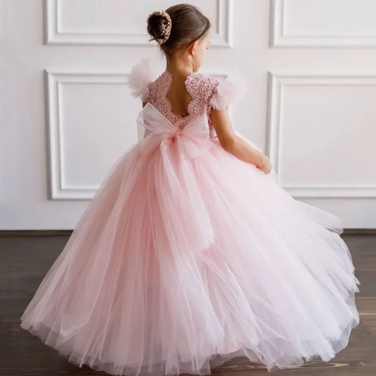 Apliques de flores de tul rosa con lazo, manga corta, para boda, fiesta de cumpleaños, banquete, vestido de princesa, vestidos de niña de las flores personalizados