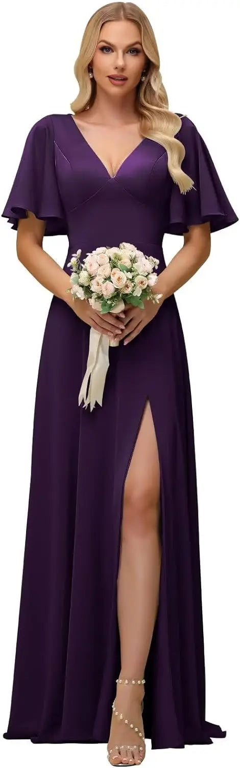 Hochzeitsfeier Chiffon Kurze Ärmel Brautjungfernkleider für Frauen Schlitz Lang Cut Out Elegantes Maxi Formales Abend-Cocktailkleid