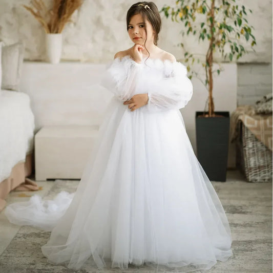 Vestido de tul blanco con lazo y flores, manga larga, para boda, fiesta de cumpleaños, banquete, princesa, niña de las flores