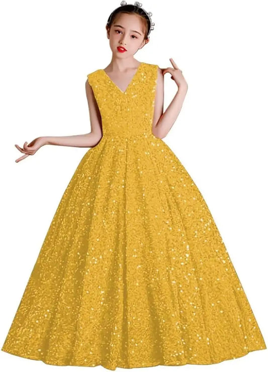 Vestidos de desfile con lentejuelas y cuello en V para niñas, vestidos de baile brillantes para niñas de las flores, vestidos de princesa para niñas pequeñas, vestido de comunión