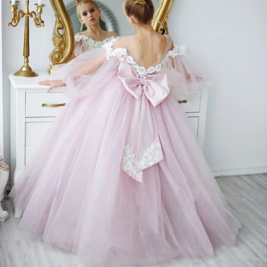 Vestidos de tul rosa con apliques blancos y lazo, de manga larga, para bodas, cumpleaños, primera comunión y niñas de las flores.