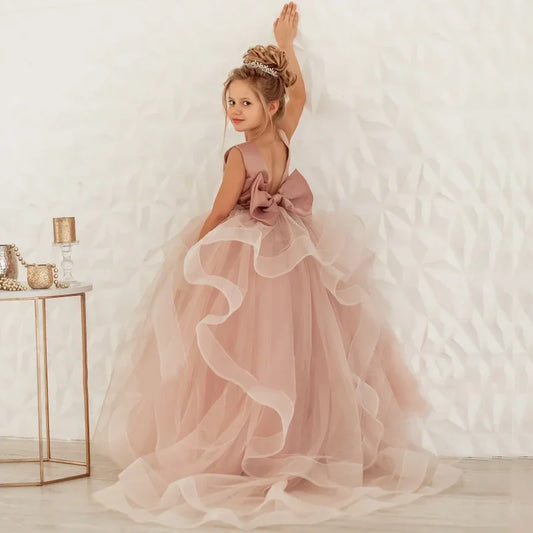 Vestido de princesa para fiesta de cumpleaños, banquete, de noche, para niña de las flores, de tul rosa polvoriento, con cinturón de perlas escalonado y lazo para boda