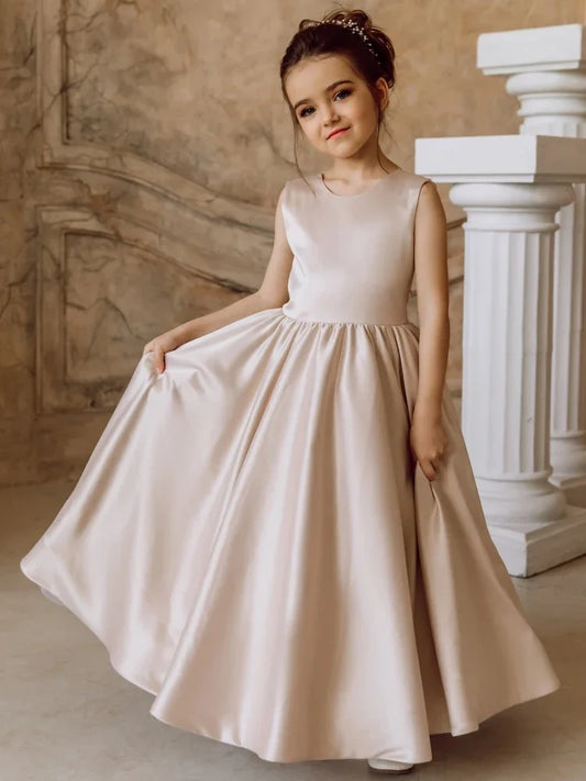 Vestidos de satén rosa empolvado con apliques blancos sin mangas para bodas, fiestas de cumpleaños, primera comunión y niñas de las flores.