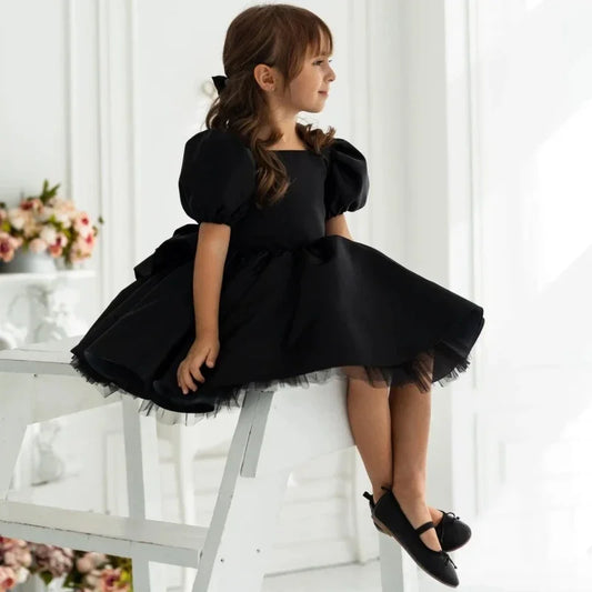 Vestidos de tul satinado negro con lazo, mangas cortas, para bodas, cumpleaños, graduaciones, comuniones, personalizados, para niñas de las flores.