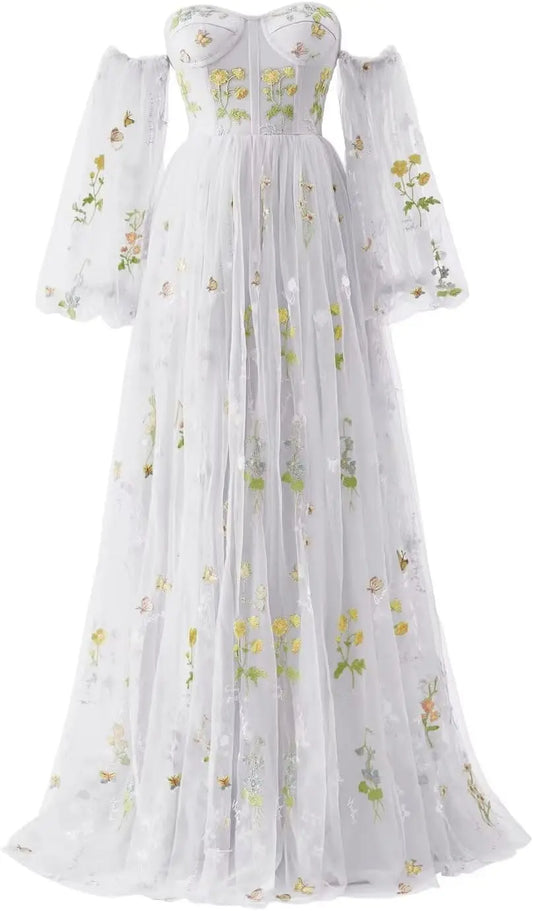 Vestidos de fiesta de tul con bordado de flores y mangas abullonadas para mujer, vestidos largos de fiesta de noche formales de hada de línea A, vestidos de dama de honor