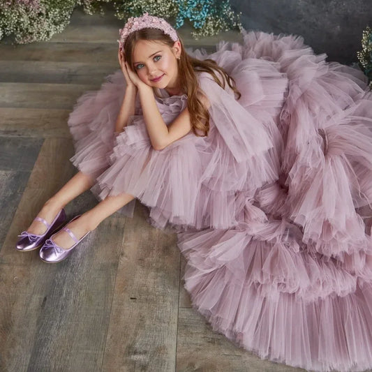 Vestidos de princesa de tul blanco y rosa con capas y cola larga de manga corta para bodas, fiestas de cumpleaños, banquetes, vestidos de niña de las flores.